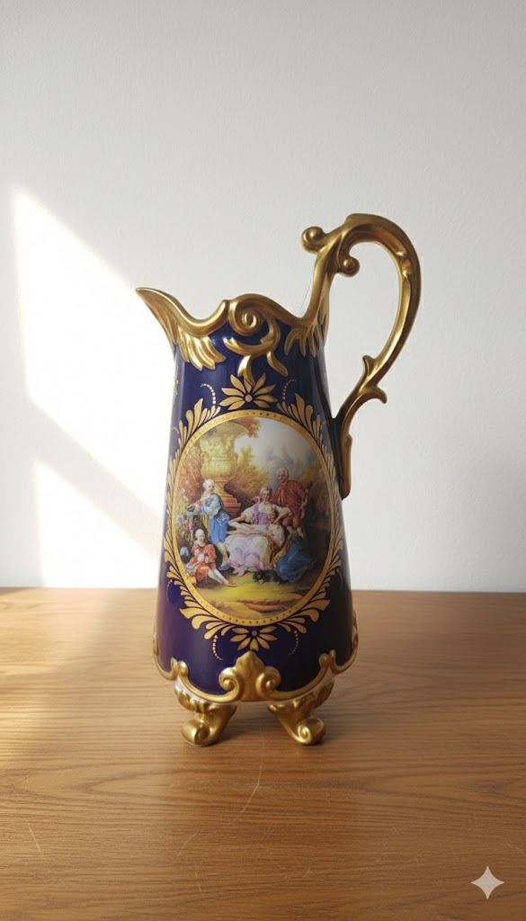 brocca-in-porcellana-blu-e-oro-con-scena-galante-stile-sèvrescapodimonte